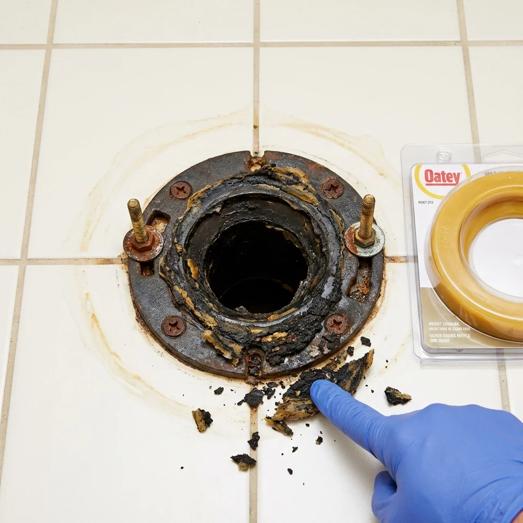 Failed wax ring showing water seepage at the base of a toilet in a Payne, OH home