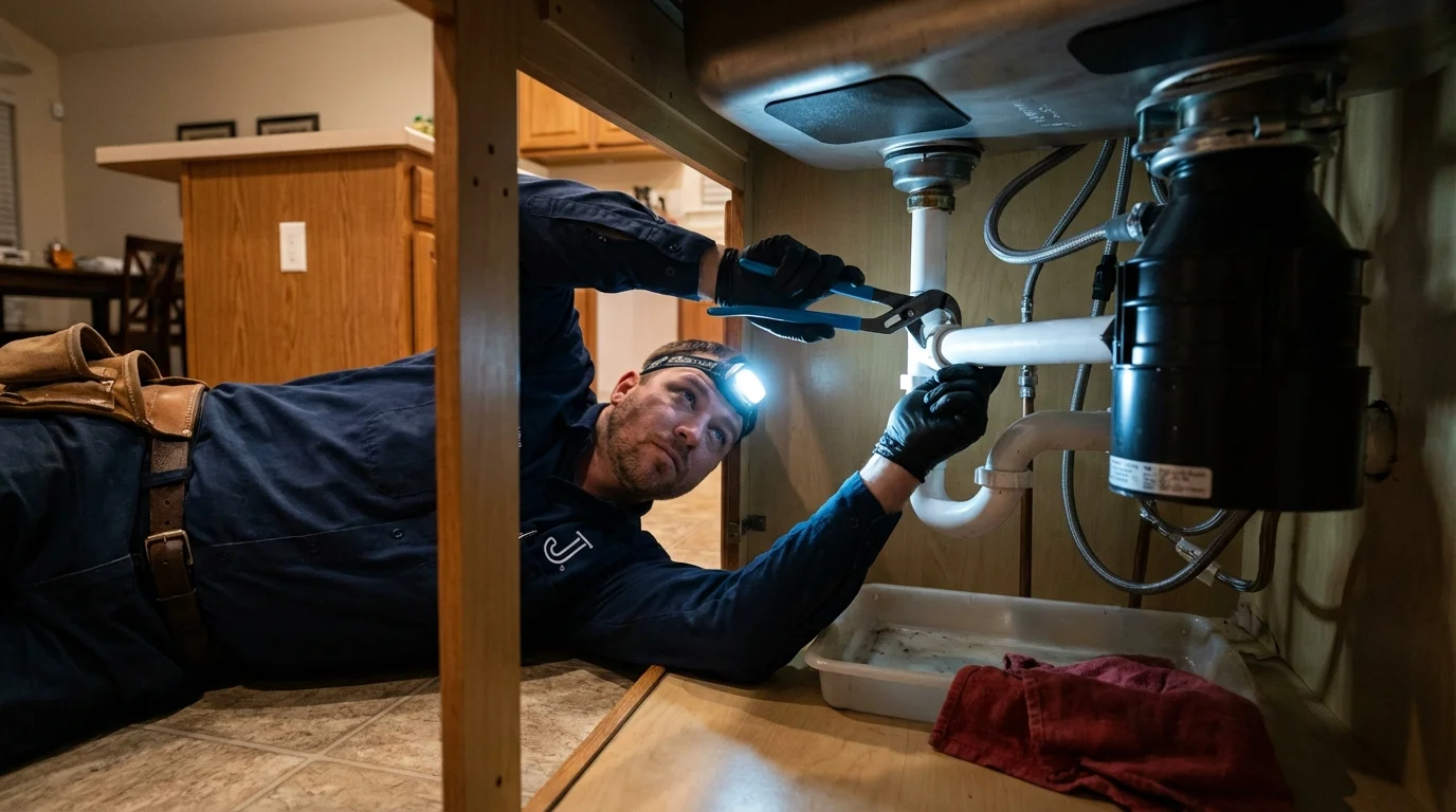 P-trap and supply line connections under a kitchen sink showing a common leak point in Payne, OH